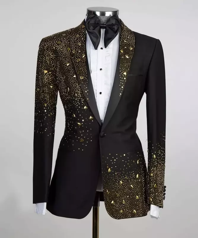 Костюм мужской из блейзера и брюк, Роскошный деловой пиджак на одной пуговице для жениха, свадебный смокинг для офиса, черные костюмы с кристаллами, 2 шт.