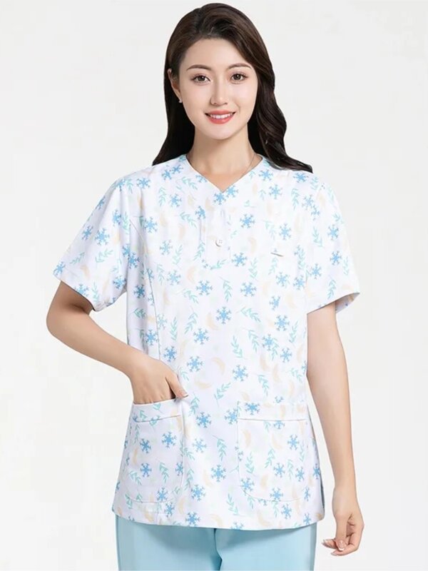 Elastic printed nurse uniform thin Short sleeved Scrub Tops women surgical gowns dental beauty doctors workwear outfits blouse