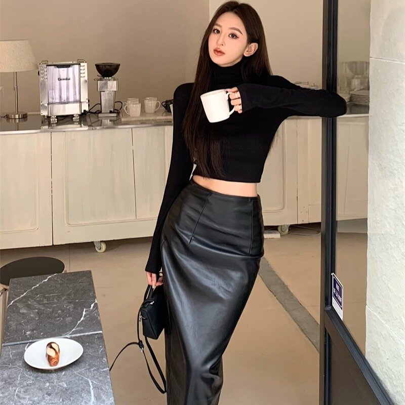 Shpmishal корейская мода ретро Пряная девушка стройнящий с высоким воротом с длинным рукавом пуловер Топ + Высокая талия кожаная юбка