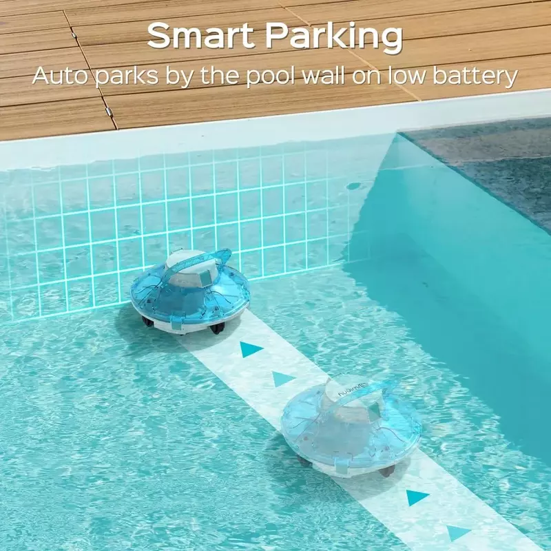 Puertos de succión potentes duales, estacionamiento automático, azul, aspiradora de piscina robótica inalámbrica, diseño transparente