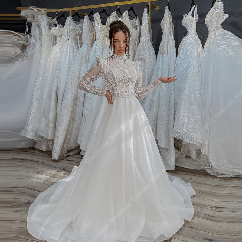 Женское свадебное платье It's yiiya, белое кружевное платье трапециевидной формы с высоким воротником и длинными рукавами на лето