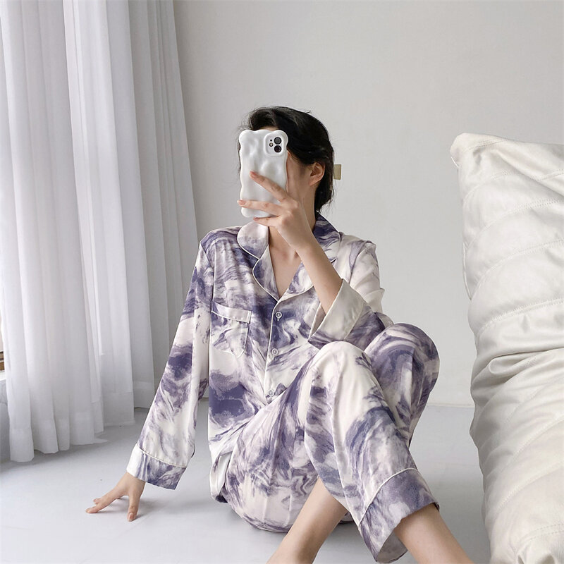 Frauen Satin Pyjama Revers Pyjama Set Langarm Nachtwäsche zweiteilig Set Lounge wear