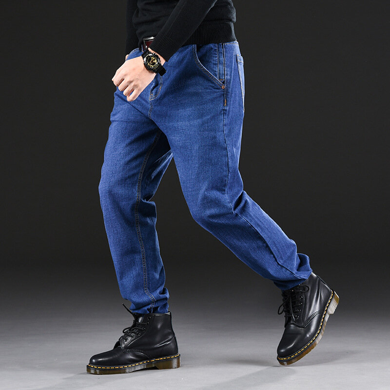 جينز رجالي عالي المرونة ، فضفاض ، مستقيم ، مقاس كبير ، أزرق ، أسود ، خريف ، 50 ، 48 ، 46