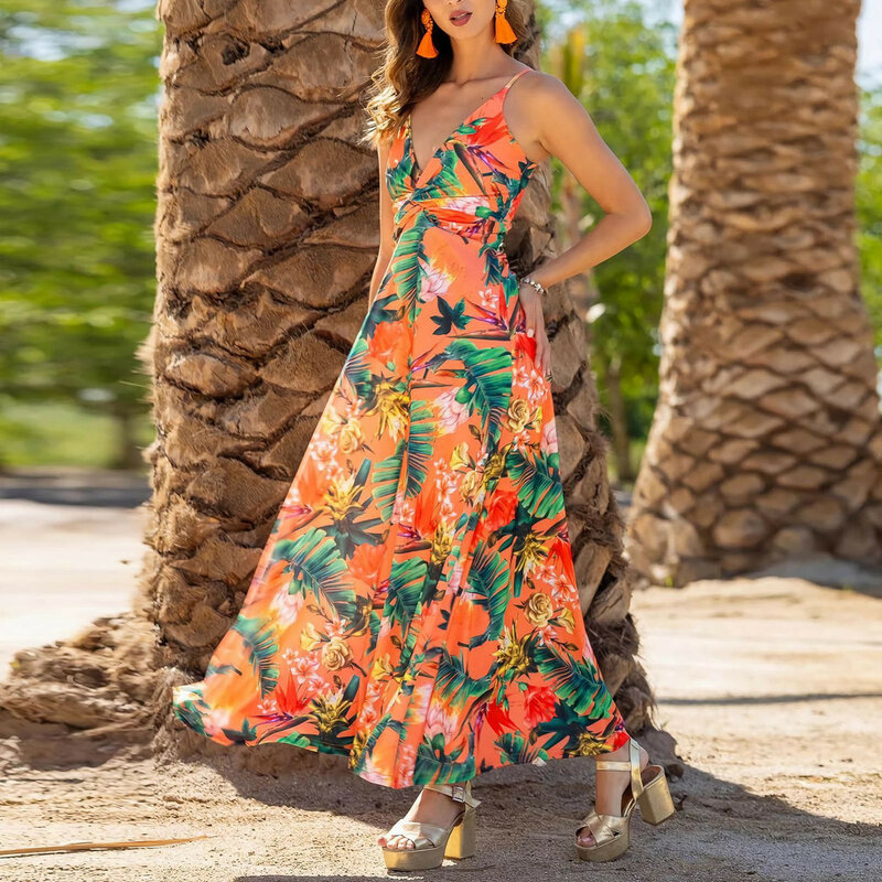 Abito lungo Boho con scollo a v e spalline estate 2024 da donna a vita alta allentato Swing Maxi Dress floreale tropicale Backless Beach Sun Dresses