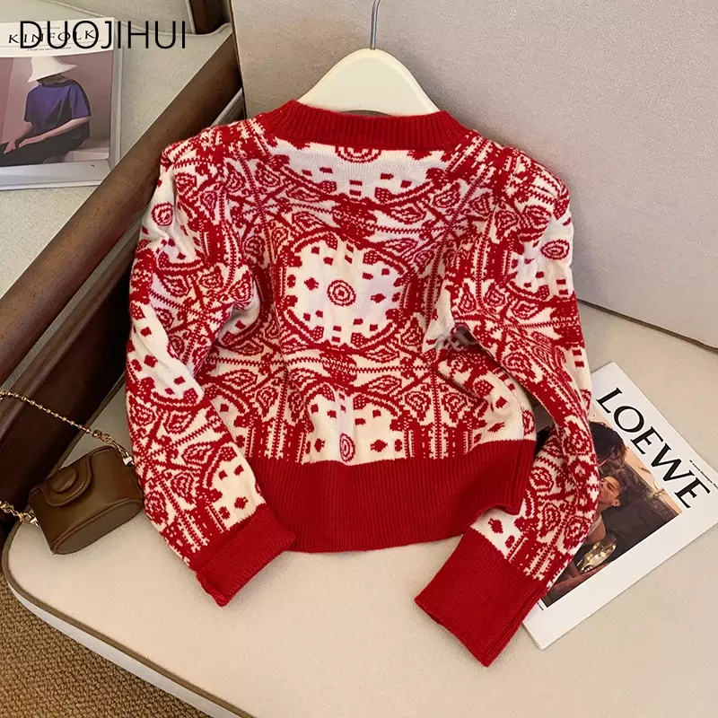 DUOJIHUI Classic O-neck Red Chic Knitted Sweater Women Pullovers Winter New Basic Fashion Contrast Color Casual Female Pullovers