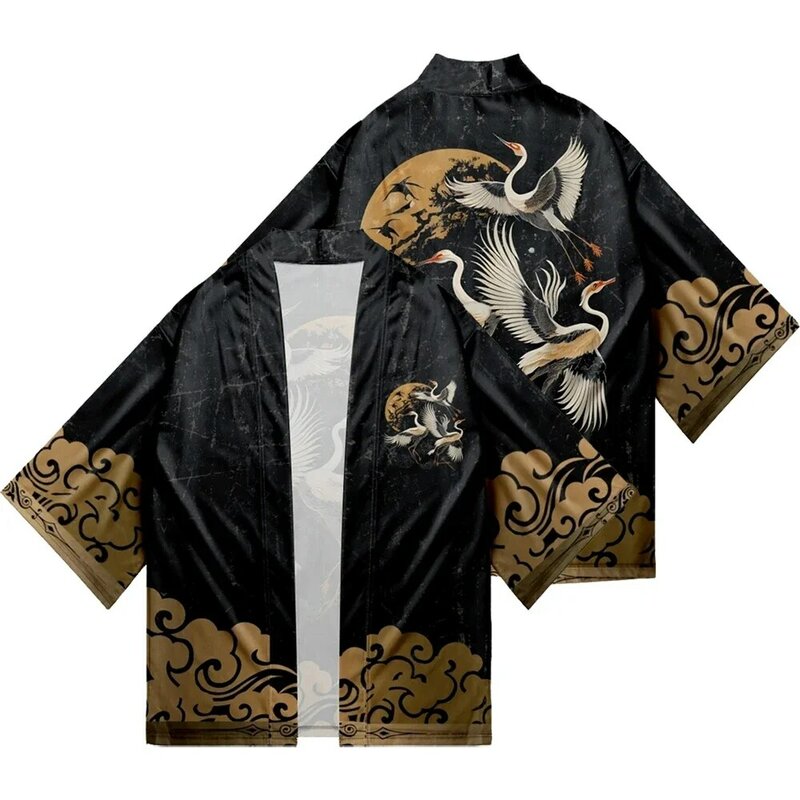 Рубашка для косплея в японском стиле с 3D-принтом журавлей для мужчин и женщин, традиционное кимоно самурая, хаори, японская пляжная юката