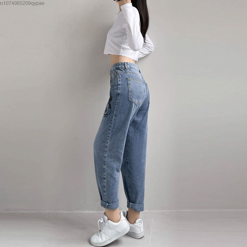 Disney-Jeans feminino mickey casual de cintura alta, calça jeans com estampa de desenho animado, harém feminino solto, nova tendência, primavera e verão