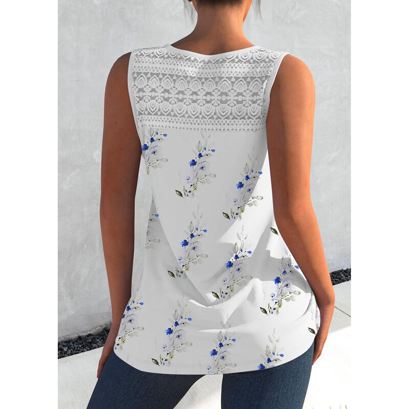 Camiseta sin mangas informal con estampado Floral, Top de talla grande con tirantes cruzados y costuras de encaje