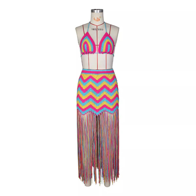 2024 New Handmade Crochet Rainbow Beach Cover-ups Sexy Women Bra top+ Long Tassel Skirt Bikini swimwear Cover up