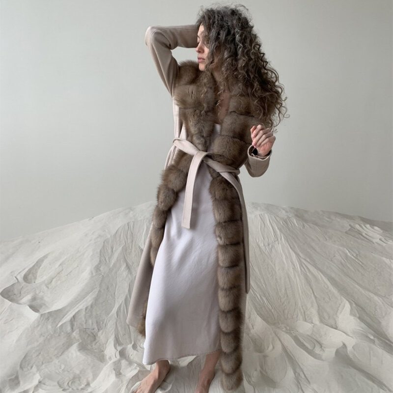 Zimowy wełniany płaszcz damski kaszmirowy naturalne futro z lisa wysokiej jakości ciepły długi płaszcz damski 2023