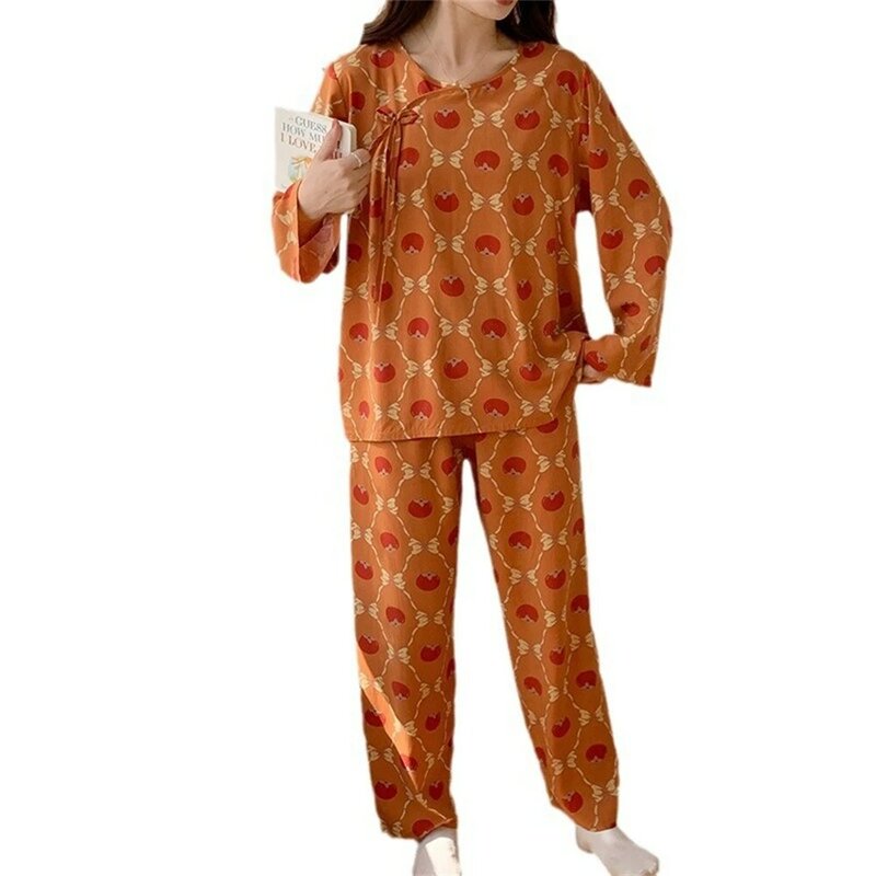 Conjunto de ropa de dormir con estampado dulce para mujer, pijama de manga larga delgada, traje de pijama de estilo chino, ropa de casa suelta y transpirable de dos piezas