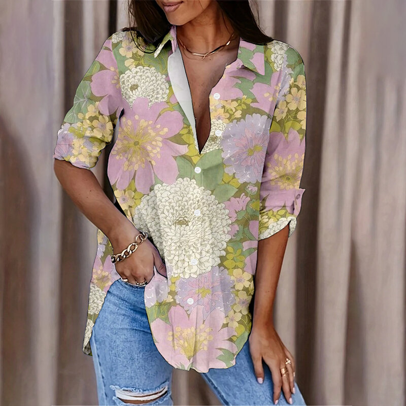 Camisa de botão manga comprida, elegante estampado floral fresco, confortável camisa de escritório solta, moda casual de rua, nova, 2024