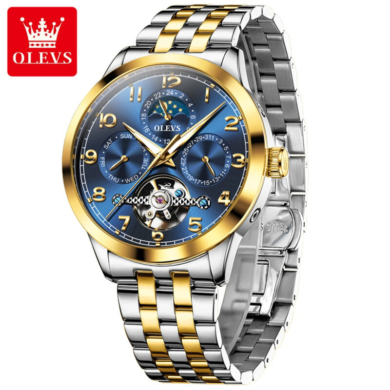 OLEVS 7018 Fashion Mechanical Watch Gift Stainless Steel Watchband Round-dial Week Display Calendar