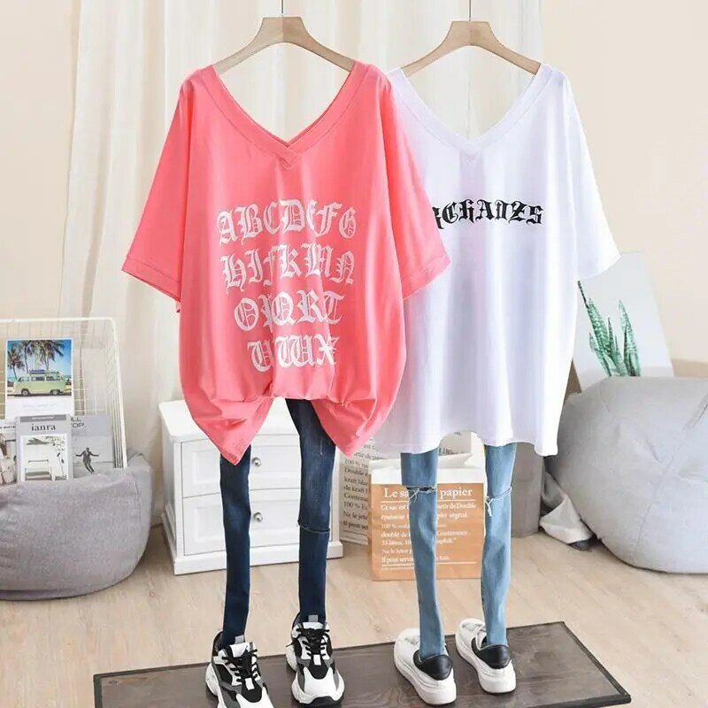 Street Casual V Neck Loose T Shirts Summer New Short Sleeve Solid Color Letter Print All-match Tops Vintage Trend Women Clothing