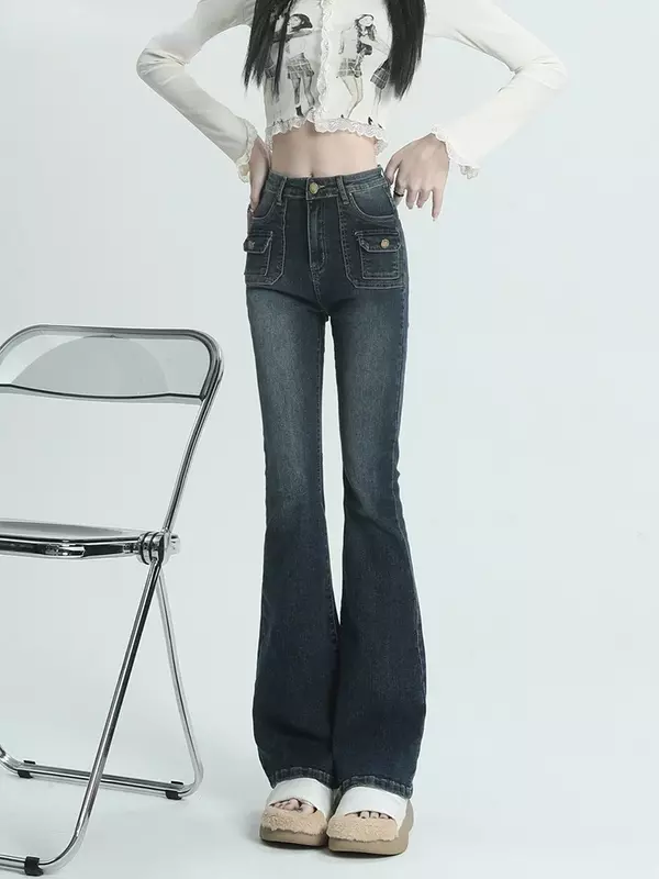 Весенне-осенние корейские дизайнерские ретро-джинсы с колокольчиками женские уличные джинсы с высокой талией расклешенные джинсы узкие Стрейчевые корейские джинсовые брюки