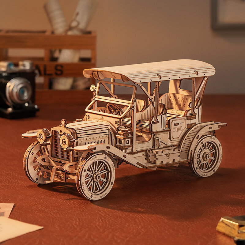 Puzzle 3D mobil antik, teka-teki kayu Retro Model mobil kit untuk membangun untuk orang dewasa, hadiah untuk pecinta mobil antik hiasan rumah estetika