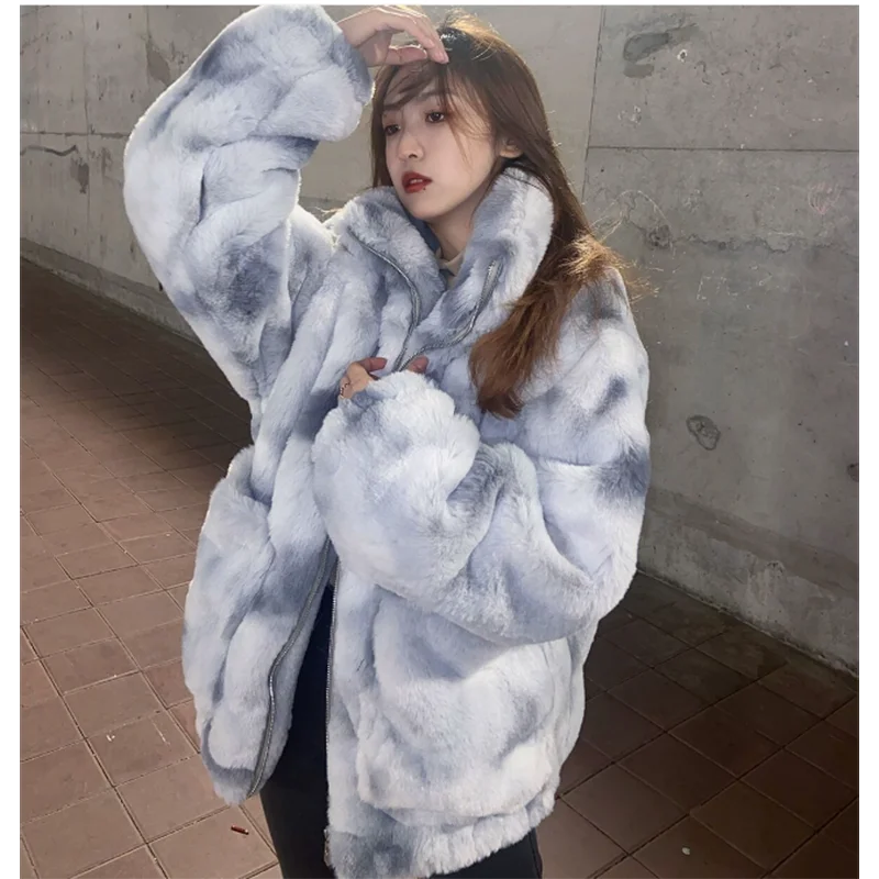 Зимняя новая плюшевая куртка из искусственного кроличьего меха средней длины с воротником-стойкой, свободное хлопковое теплое меховое пальто, женское утепленное пальто из овечьей норки