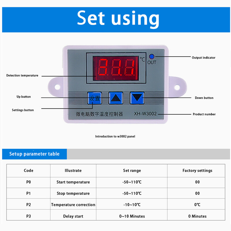 W3001/W3002 Digital Temperature Microcomputer Thermostat DC12V/24V AC220V with Probe Heat Cool Temp Thermostat Control Switch