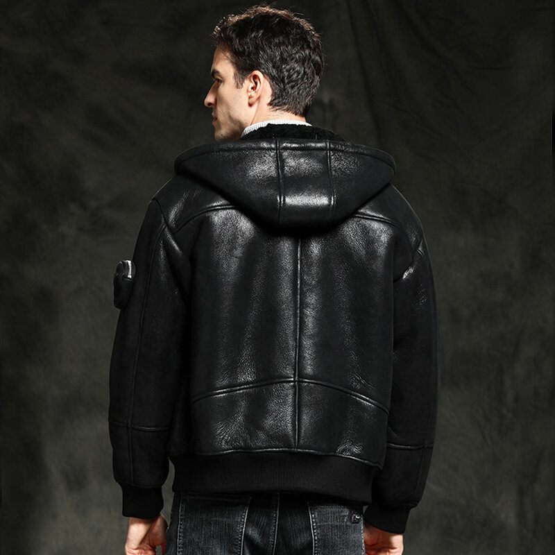 남성 후드 리얼 모피 코트, 새로운 LUHAYESA 2022 천연 양피 시어링 의류 겨울 블랙 따뜻한 겉옷, 100%