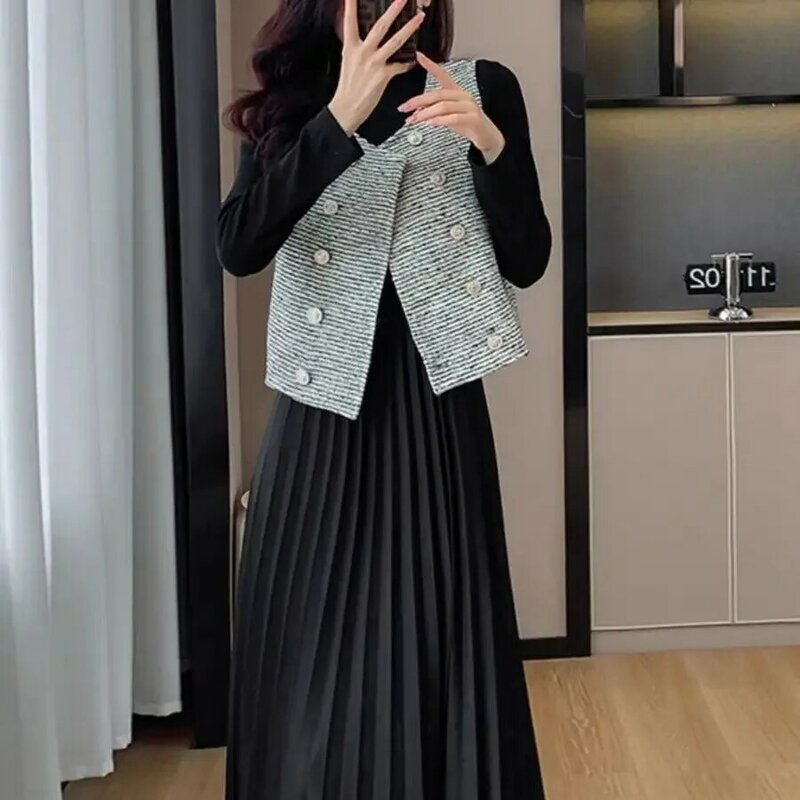 المرأة النسخة الكورية مزاجه فستان طويل مطوي ، الخريف والشتاء سترة الموضة ، جديد ، 2 طقم