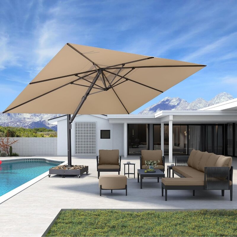 Patio Umbrellas 11' X 15' Patio Offset Sunshade 360 Deree Swivel Cantilever Umbrella for Garden Deck, Beige Patio Umbrellas