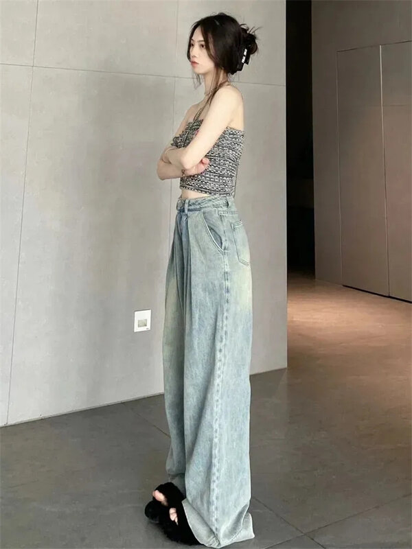 Nuovi Jeans Vintage a gamba larga da donna estivi a forma di pera indossano un pile di copertura sciolto e pantaloni a zampa grande spazzanti verticali sottili