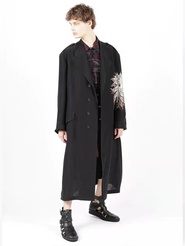 Trench coat de seda longo para homens e mulheres, impressão de dália, estilo fino, roupas masculinas, jaqueta unissex, Yohji Yamamamoto