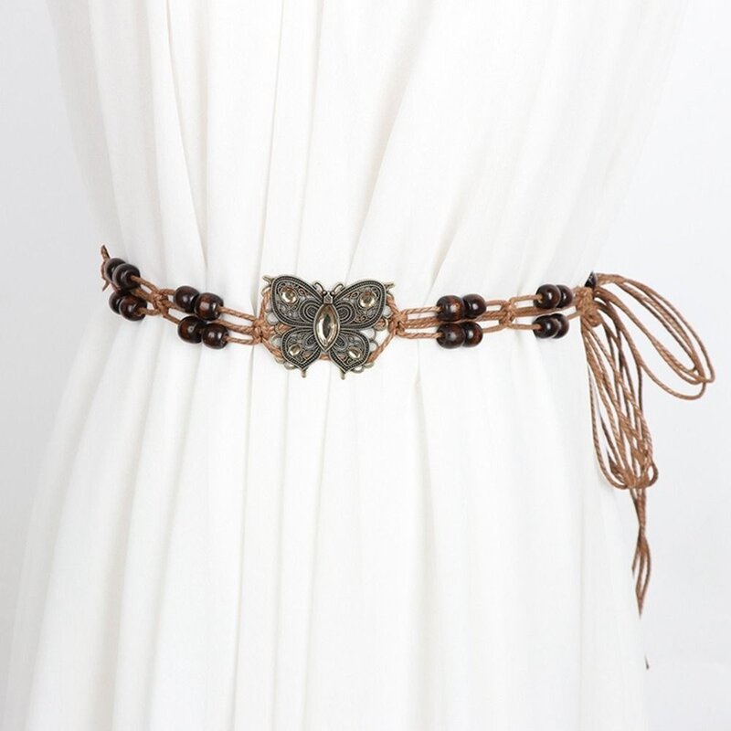 Cadena de cintura trenzada Bohemia para mujer, cinturón de borla de estilo étnico Retro, accesorio de tela de falda, cuerda de cintura