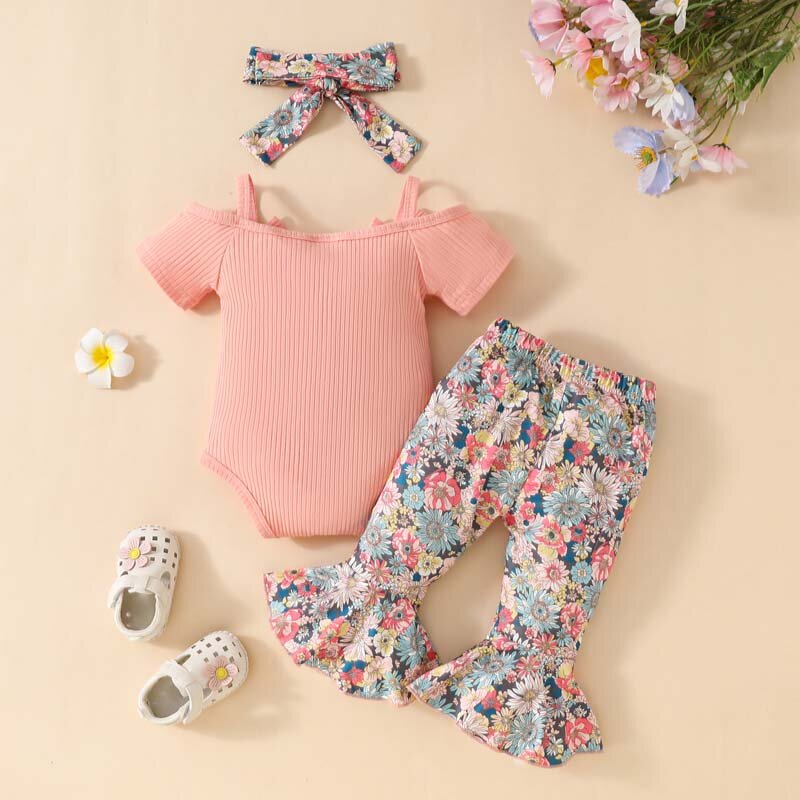 Summer Newborn Baby Girl Sets 0 to 18 Months Clothes Romper Pants Suits Sling Short Sleeves Bodysuit Print Bell Bottoms Hairband