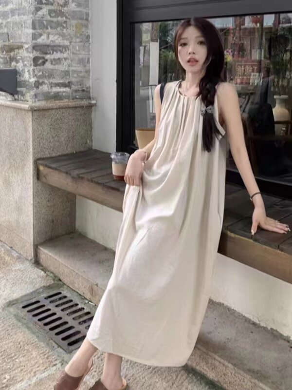 Elegant French Style Blue Solid Pleated Long Dress For Women Summer 2024 Sleeveless Vest Dress Gentleman's Clothing Party Dress