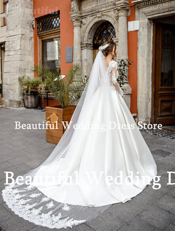 Женское свадебное платье до пола, атласное платье-трапеция с кружевной аппликацией и V-образным вырезом, платье невесты для свадебной вечеринки, 2024
