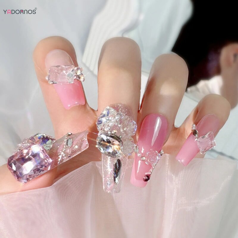 여성용 수제 가짜 손톱 블러시 핑크 프레스, 다이아몬드 디자인, 긴 발레리나 가짜 손톱 팁, 여아용 DIY 매니큐어, 10 개