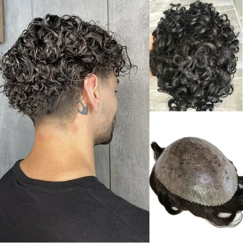 Rambut palsu Manusia India keriting 20mm untuk pria, Wig dasar PU penuh sistem pengganti garis rambut alami untuk penggunaan sehari-hari