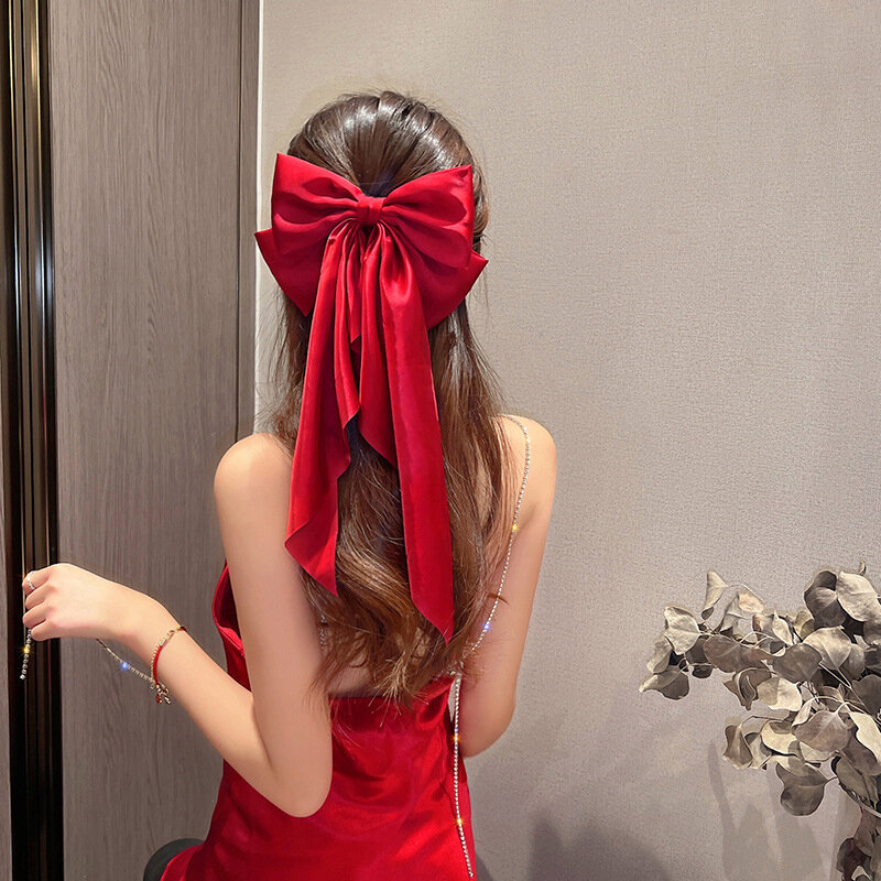 Elegante rote Streamer große Schleife Band Haars pange für Frauen Mode einfache feste Satin Pferdes chwanz Bogen Haarnadel Mädchen Haarschmuck