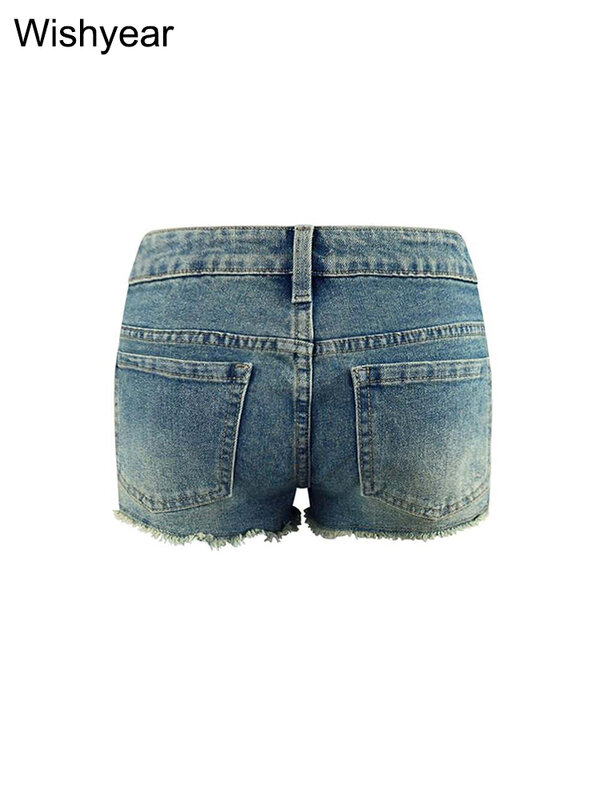 Celana pendek Denim regang biru Balut bertali untuk wanita celana Jeans pendek Skinny kasual musim panas pakaian klub malam pantai seksi