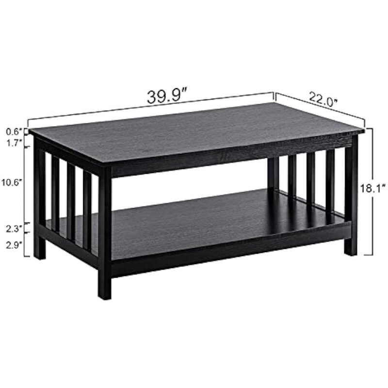 ChooChoo-mesa de centro Mission, mesa de madera negra para sala de estar con estante, 22 "D X 2023" W X 39,9 "H, 18,1
