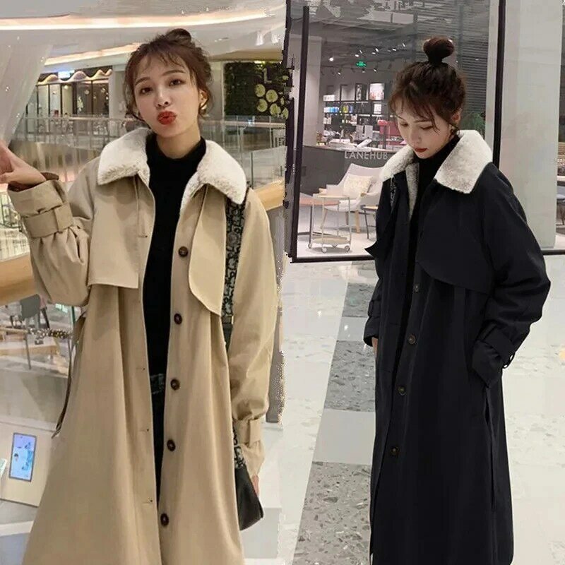 Trench coat longo elegante feminino, Parka com gola de pele sintética com cinto, casaco térmico forrado de lã de imitação, engrossa, inverno