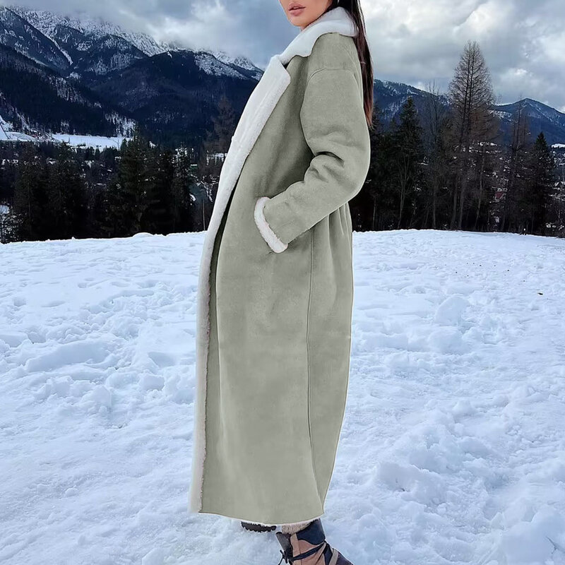 Женская зимняя длинная куртка из искусственного мишки Теплая Флисовая Куртка Пальто Верхняя одежда Меховая интегрированная овечья шерсть с лацканами