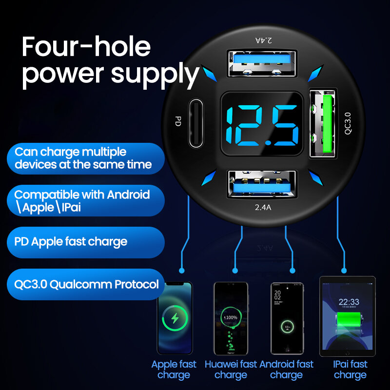 Автомобильное зарядное устройство Olaf с 4 USB-портами, 66 Вт, быстрая зарядка 3,0 QC3.0 PD 20 Вт, автомобильное зарядное устройство USB Type-C для iPhone, Xiaomi, Samsung