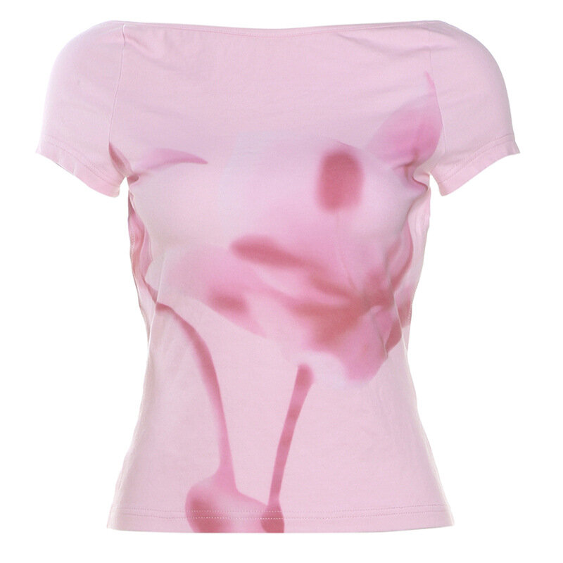 Damska różowy Top sukienka na studniówkę Sexy krótki bez pleców rękawy t-shirt lato gorąca dziewczyna codzienna Streetwear w magazynie
