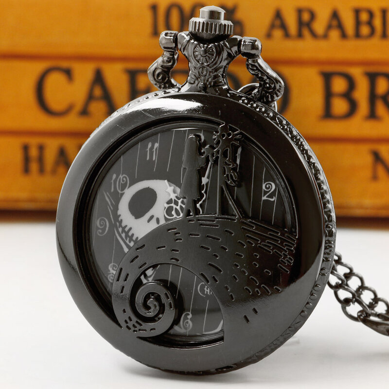 Schwarz ausgehöhlte Schädel Muster Männer Temperament beliebte Steampunk Vintage Taschenuhr Geschenk Halskette Reloj Hombre