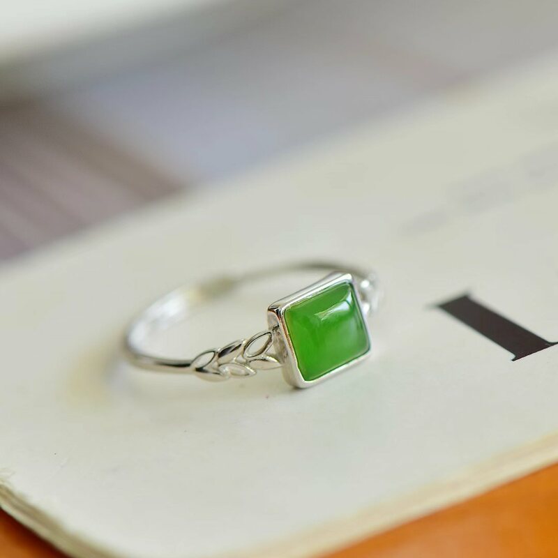 S925 cincin JASPER bertatahkan perak wanita, perhiasan cincin Hetian Jade alami manik-manik persegi dapat disesuaikan, cincin pesta mewah, hadiah perhiasan liontin