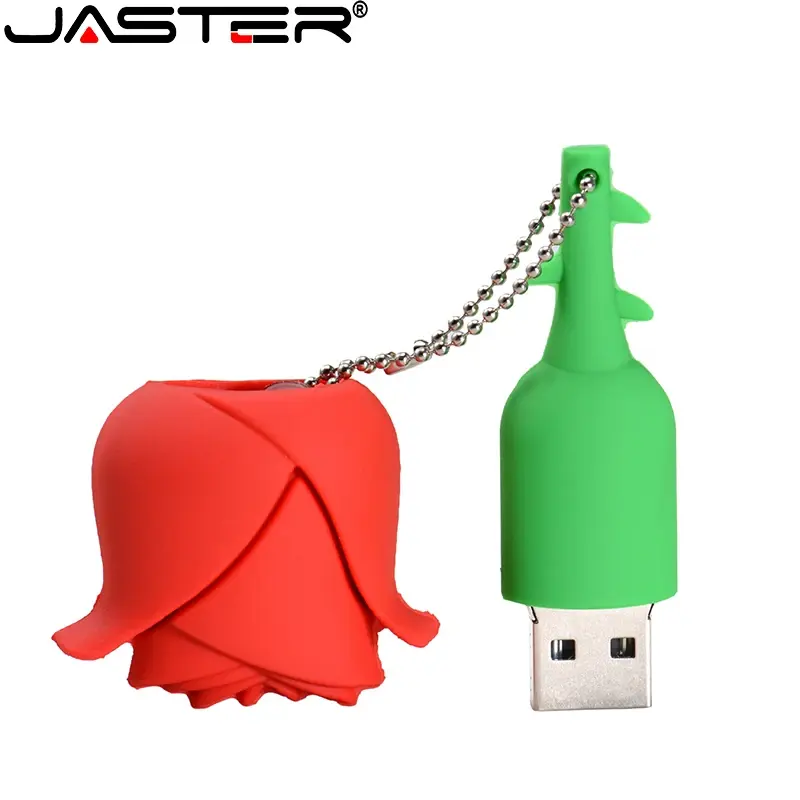 JASTER Flash Drive USB Bunga Merah 128GB Stik Memori Merah Muda 64GB Hadiah Kreatif untuk Anak Pen Drive 32GB Gratis Gantungan Kunci Pendrive