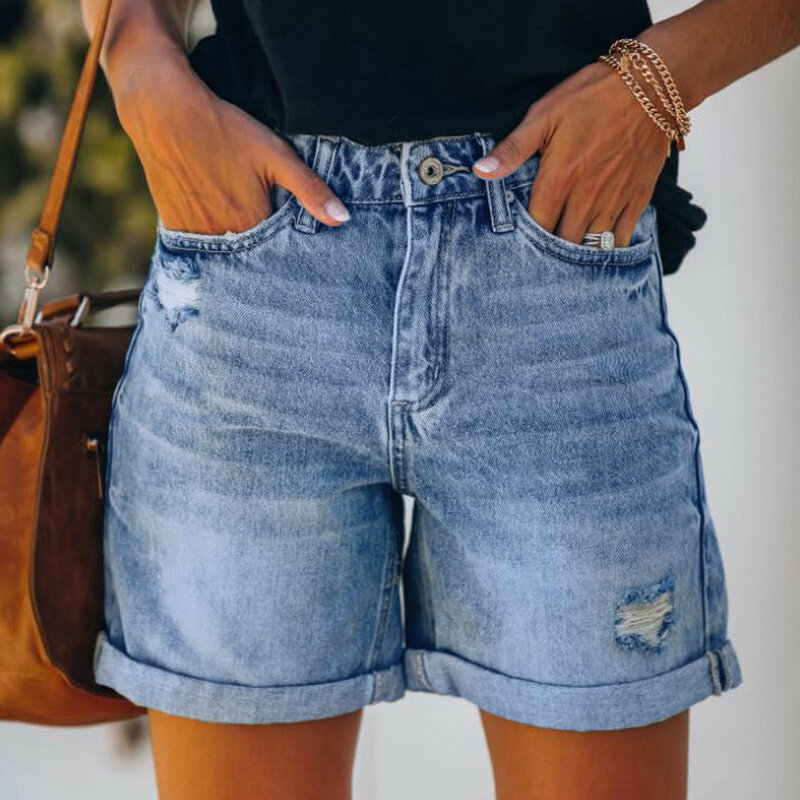 Shorts jeans casuais femininos, de bolso feminino, jeans sexy, calças lavadas, calças de baixo buraco, moda, 2024