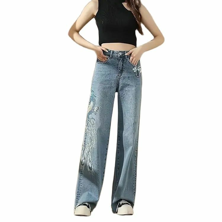 Jeans Phoenix Stickerei Chic Frauen Straight Leg Hose Perle Verzierung Frauen Grafik mit Print Denim Sommer koreanischen Stil