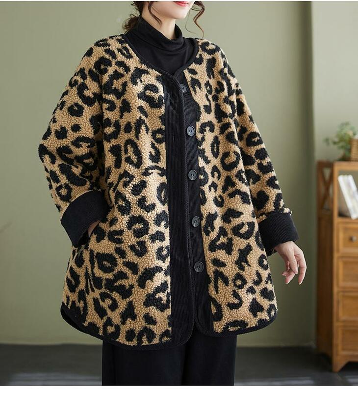 韓国-女性のためのヒョウ柄のコットンジャケット,厚く,ゆったりとしたストリートウェア,暖かい,ラムウール,シングルブレストコート,新しい2023