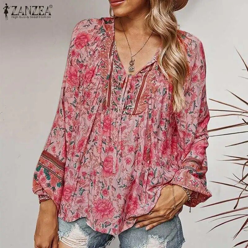 2023 богемная модная Цветочная блузка, Женская Повседневная рубашка ZANZEA с длинными рукавами-фонариками и V-образным вырезом, Винтажная летняя классическая блузка большого размера