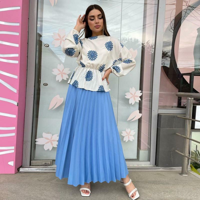 2024 Matching Two Piece Clothing for Female Flowers Printed Long Sleeves Tops Solid Simple Pleated Skirts Tight Waist Clothes
