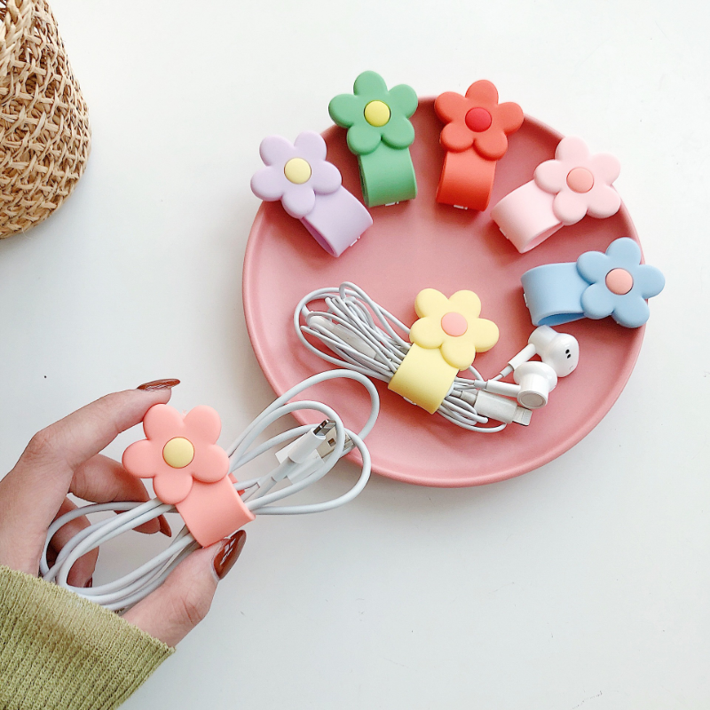 Cute Silicone Flower Cable Organizer For Phone USB Line Buckle Winder Wire Protector Cable Earphone Wire Management Cord Holder