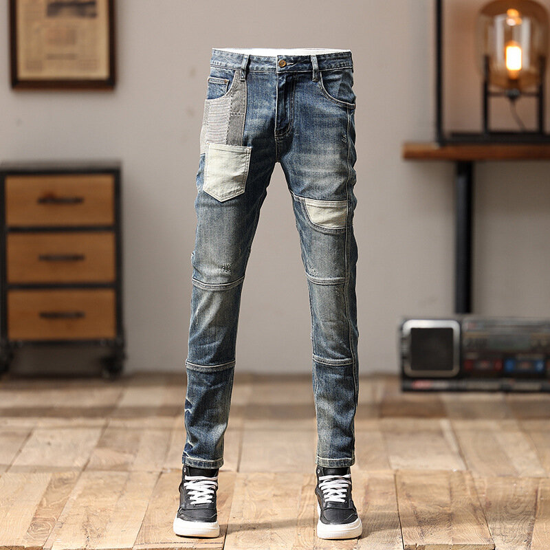 Jeans da moto Patchwork con cuciture da uomo Slim Fit leggero gamba dritta abbigliamento da uomo alla moda Pu Shuai Personality pants